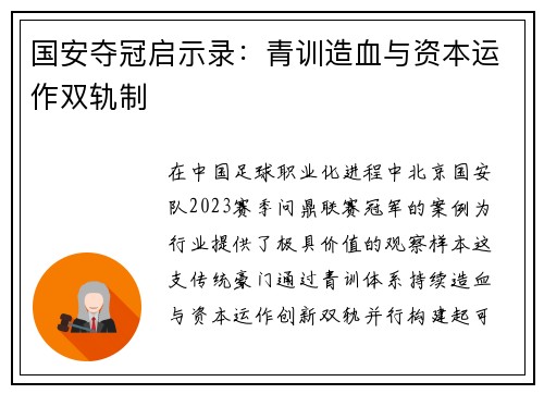 国安夺冠启示录：青训造血与资本运作双轨制