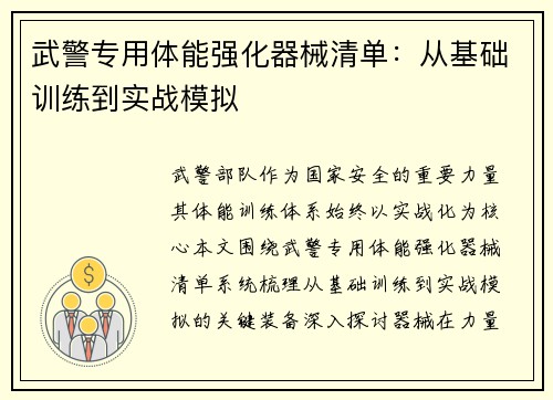 武警专用体能强化器械清单：从基础训练到实战模拟